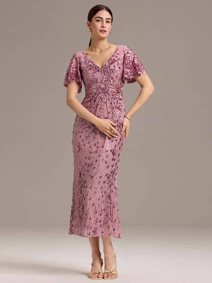 Sequin Ruffle Sleeve Evening Dress #color_Purple Orchid