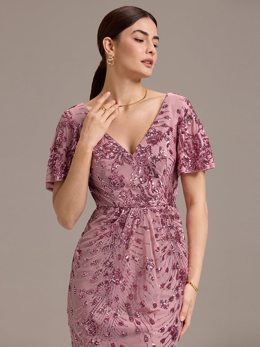 Sequin Ruffle Sleeve Evening Dress #color_Purple Orchid