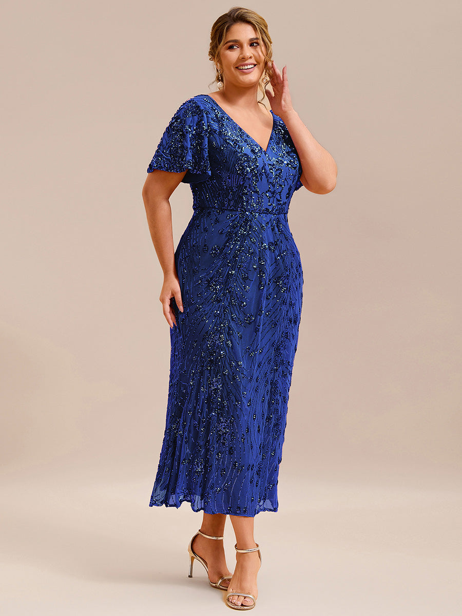 Sequin Ruffle Sleeve Evening Dress #color_Sapphire Blue