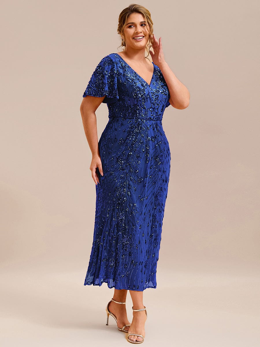 Sequin Ruffle Sleeve Evening Dress #color_Sapphire Blue