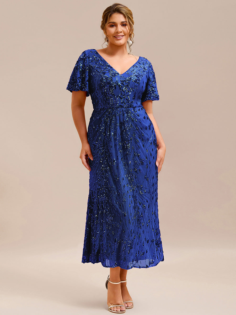 Sequin Ruffle Sleeve Evening Dress #color_Sapphire Blue