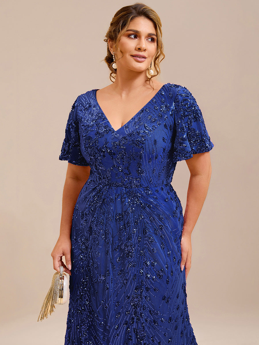 Sequin Ruffle Sleeve Evening Dress #color_Sapphire Blue