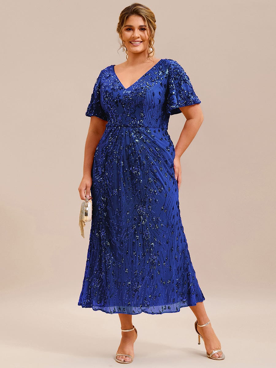 Sequin Ruffle Sleeve Evening Dress #color_Sapphire Blue