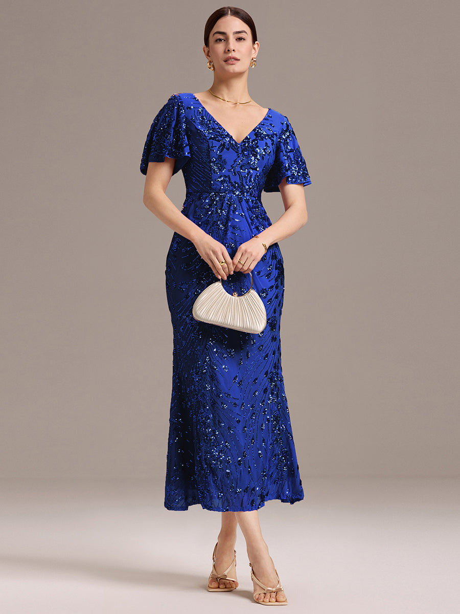 Sequin Ruffle Sleeve Evening Dress #color_Sapphire Blue