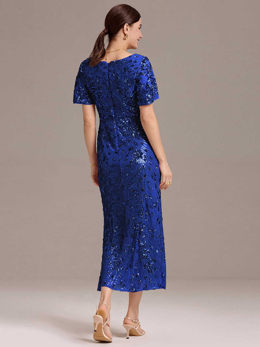 Sequin Ruffle Sleeve Evening Dress #color_Sapphire Blue