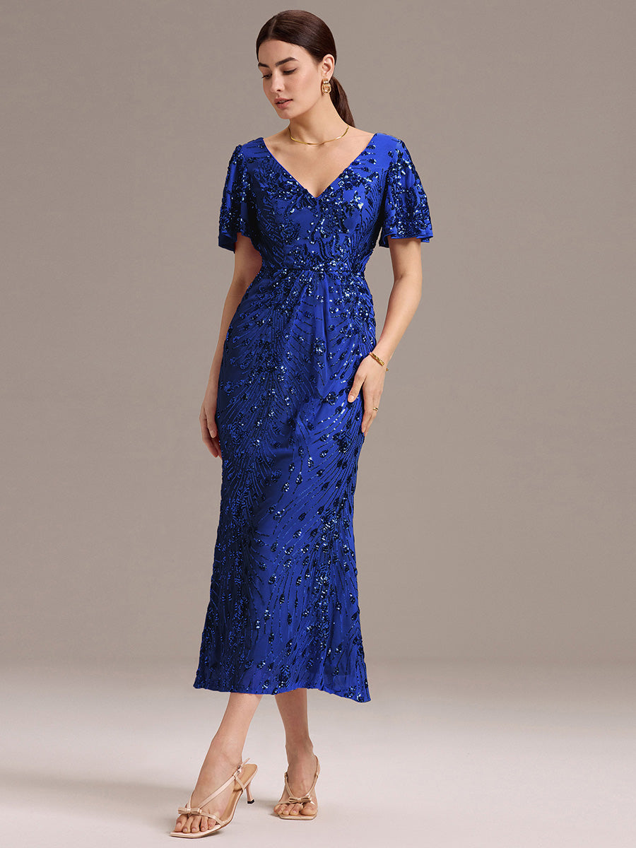 Sequin Ruffle Sleeve Evening Dress #color_Sapphire Blue