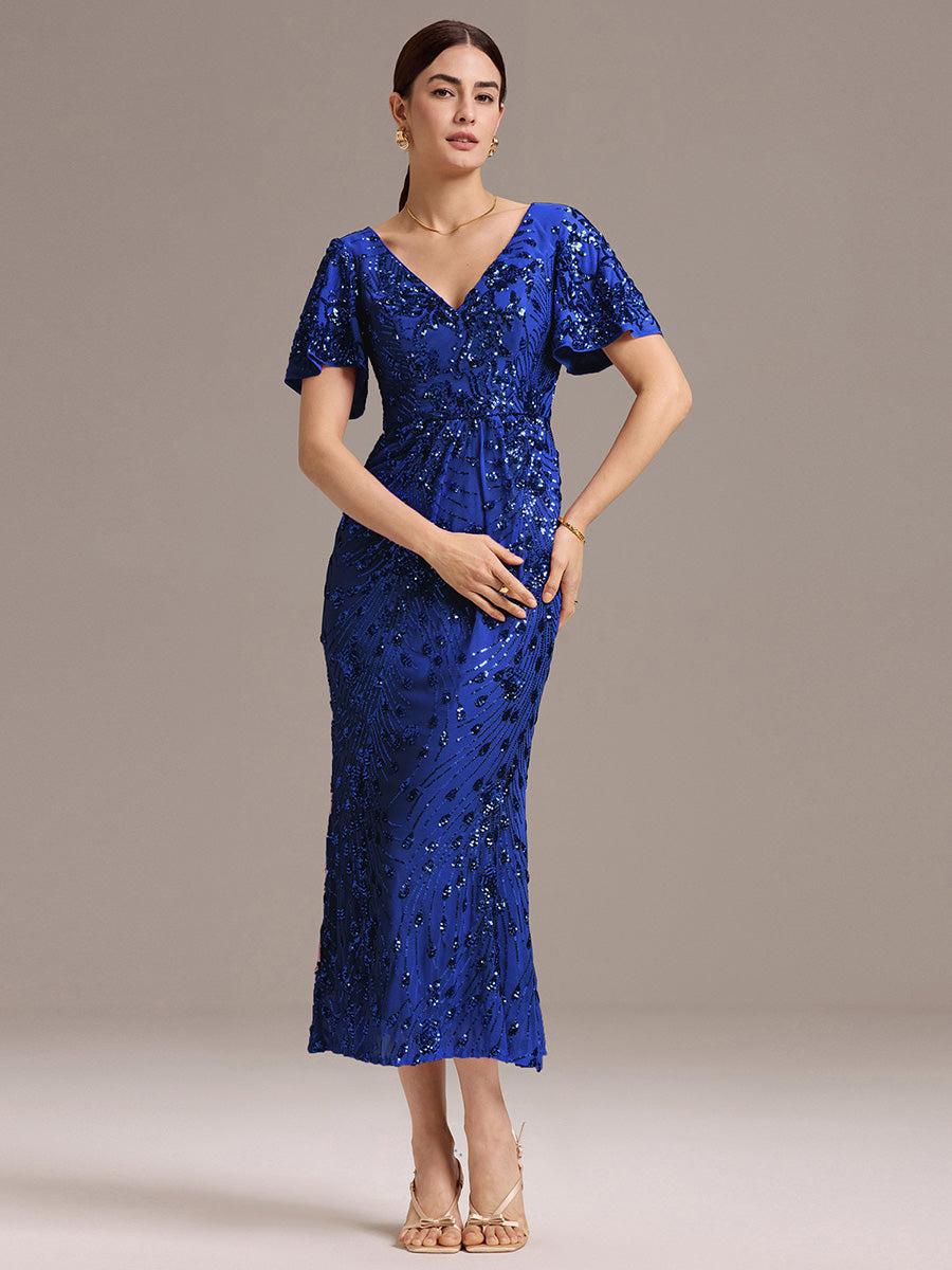 Sequin Ruffle Sleeve Evening Dress #color_Sapphire Blue