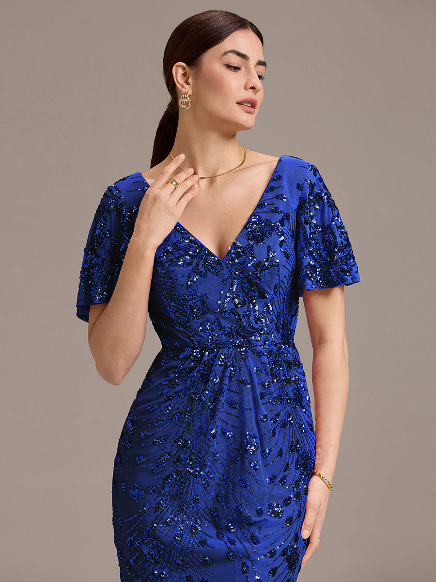 Sequin Ruffle Sleeve Evening Dress #color_Sapphire Blue