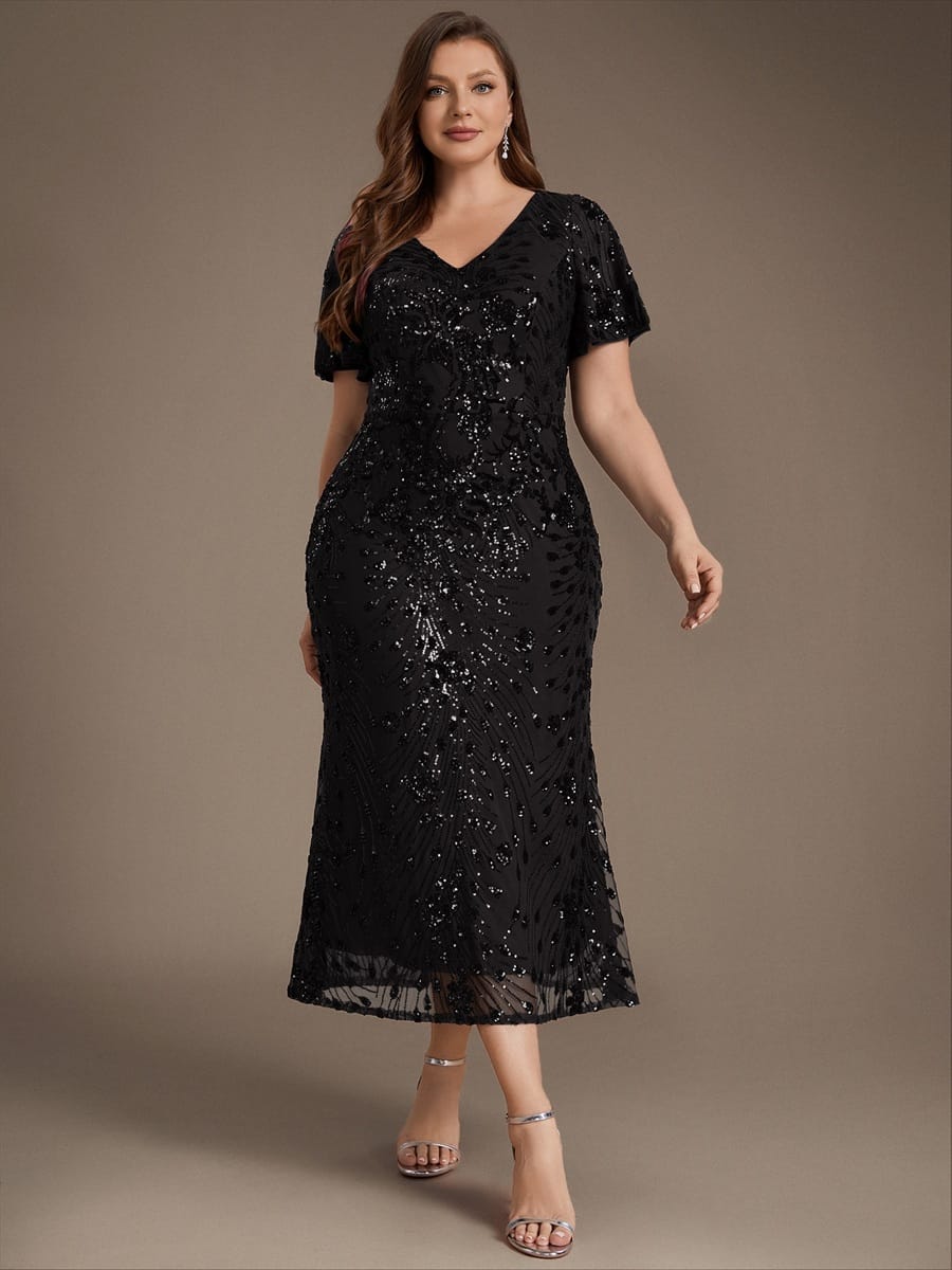 Sequin Ruffle Sleeve Evening Dress #color_Black