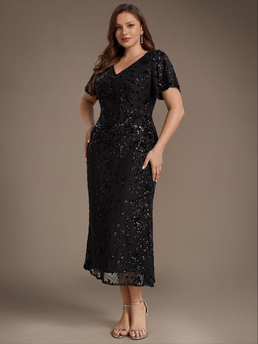 Sequin Ruffle Sleeve Evening Dress #color_Black