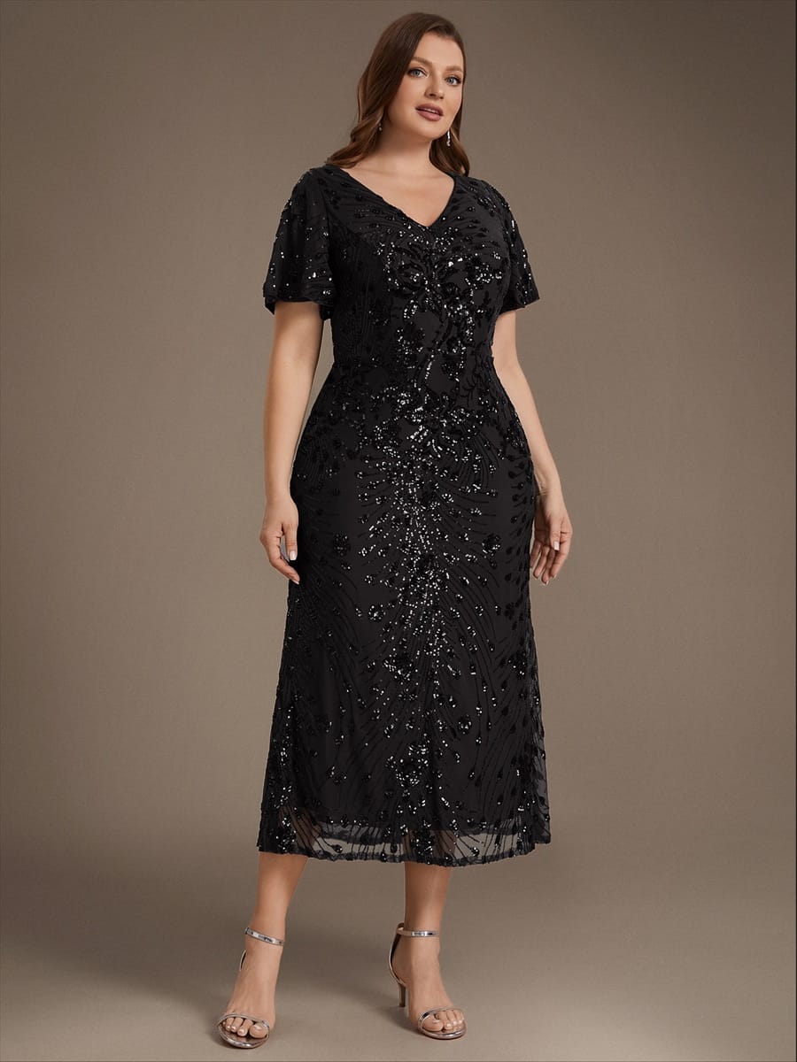 Sequin Ruffle Sleeve Evening Dress #color_Black