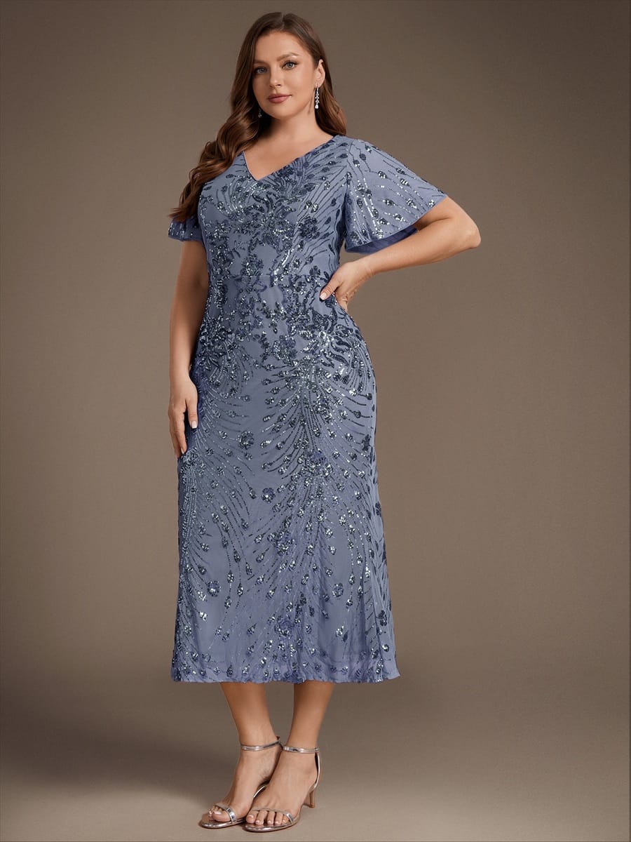 Sequin Ruffle Sleeve Evening Dress #color_Dusty Blue