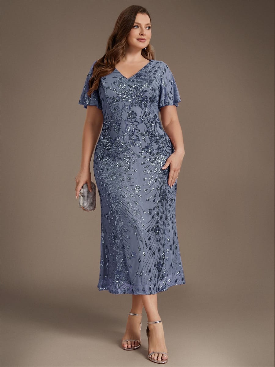 Sequin Ruffle Sleeve Evening Dress #color_Dusty Blue
