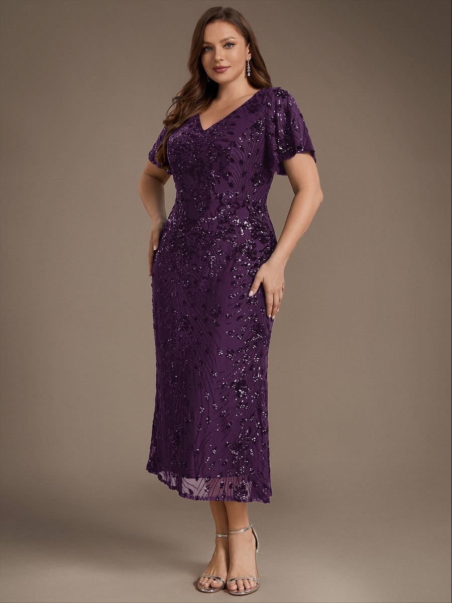 Sequin Ruffle Sleeve Evening Dress #color_Dark Purple
