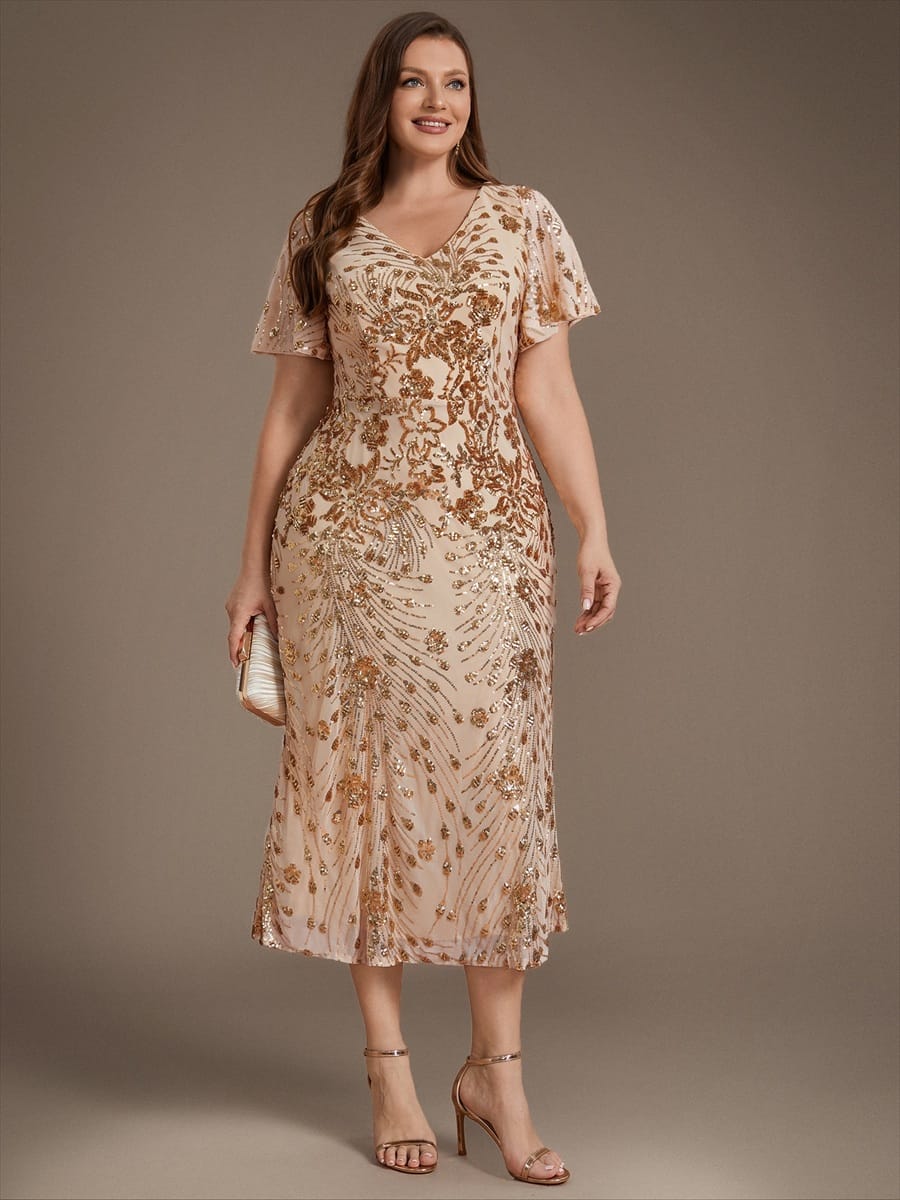 Sequin Ruffle Sleeve Evening Dress #color_Gold