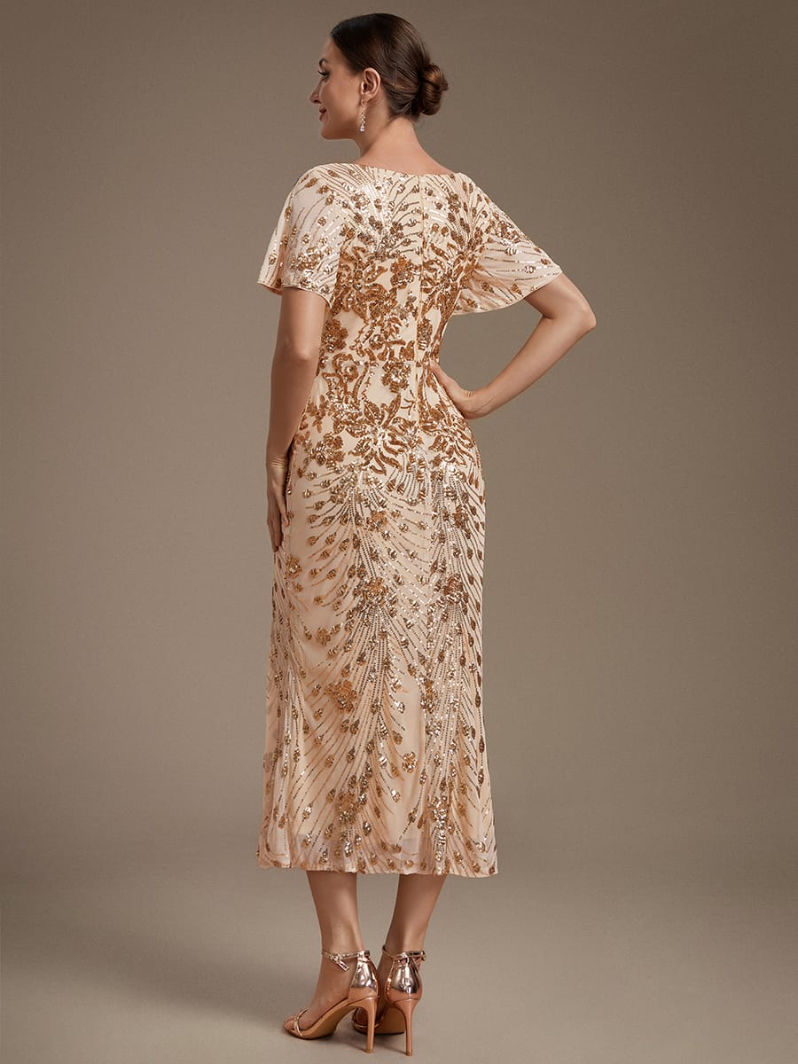 Sequin Ruffle Sleeve Evening Dress #color_Gold