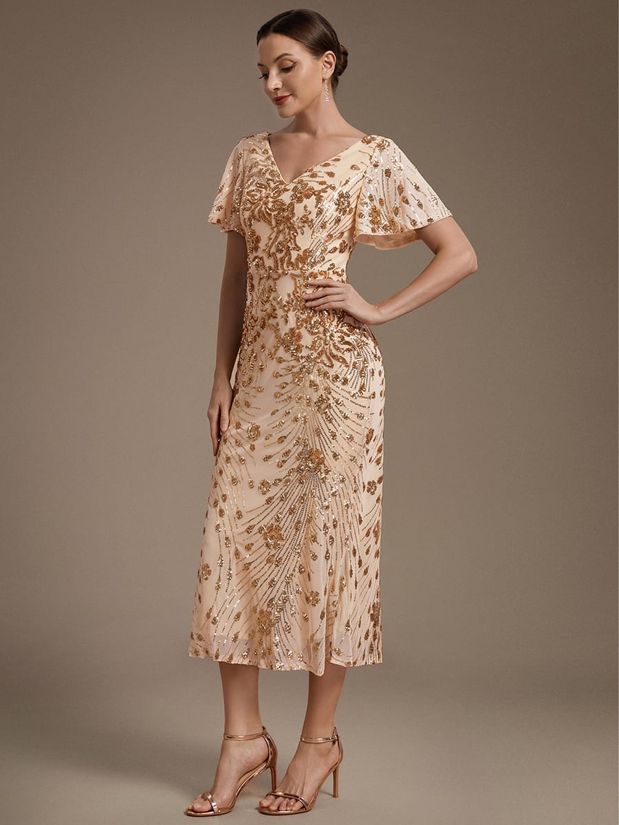 Sequin Ruffle Sleeve Evening Dress #color_Gold