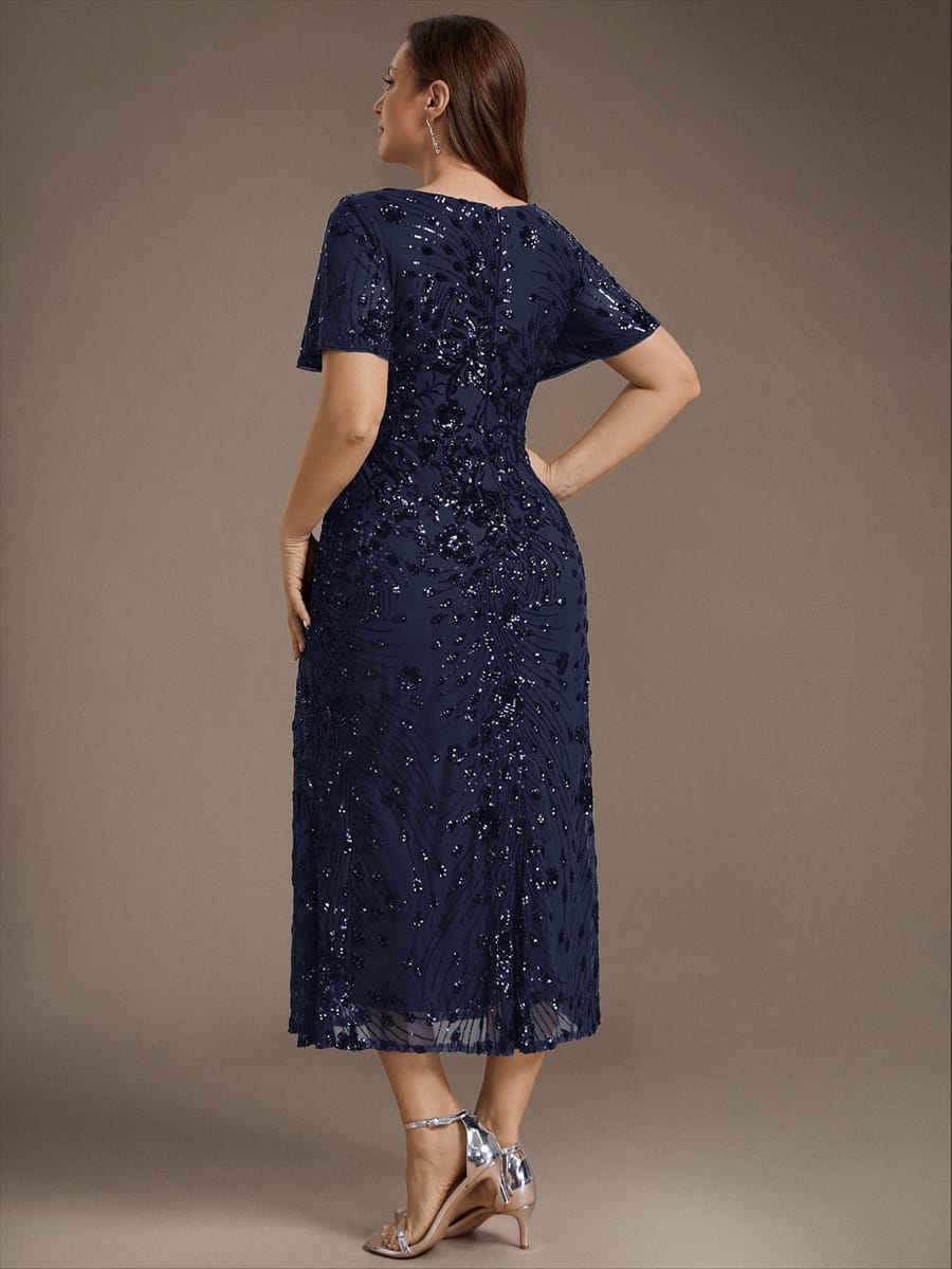Sequin Ruffle Sleeve Evening Dress #color_Navy Blue