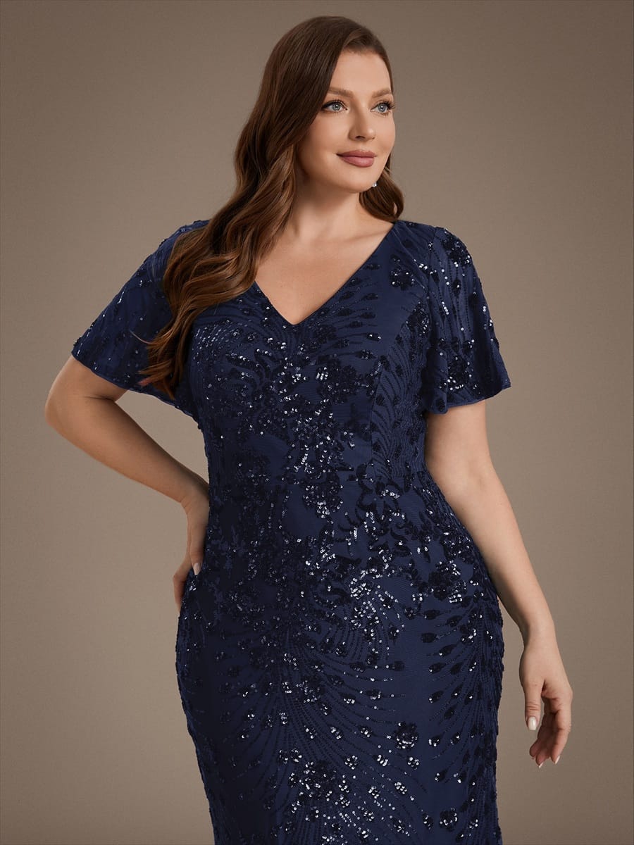 Sequin Ruffle Sleeve Evening Dress #color_Navy Blue