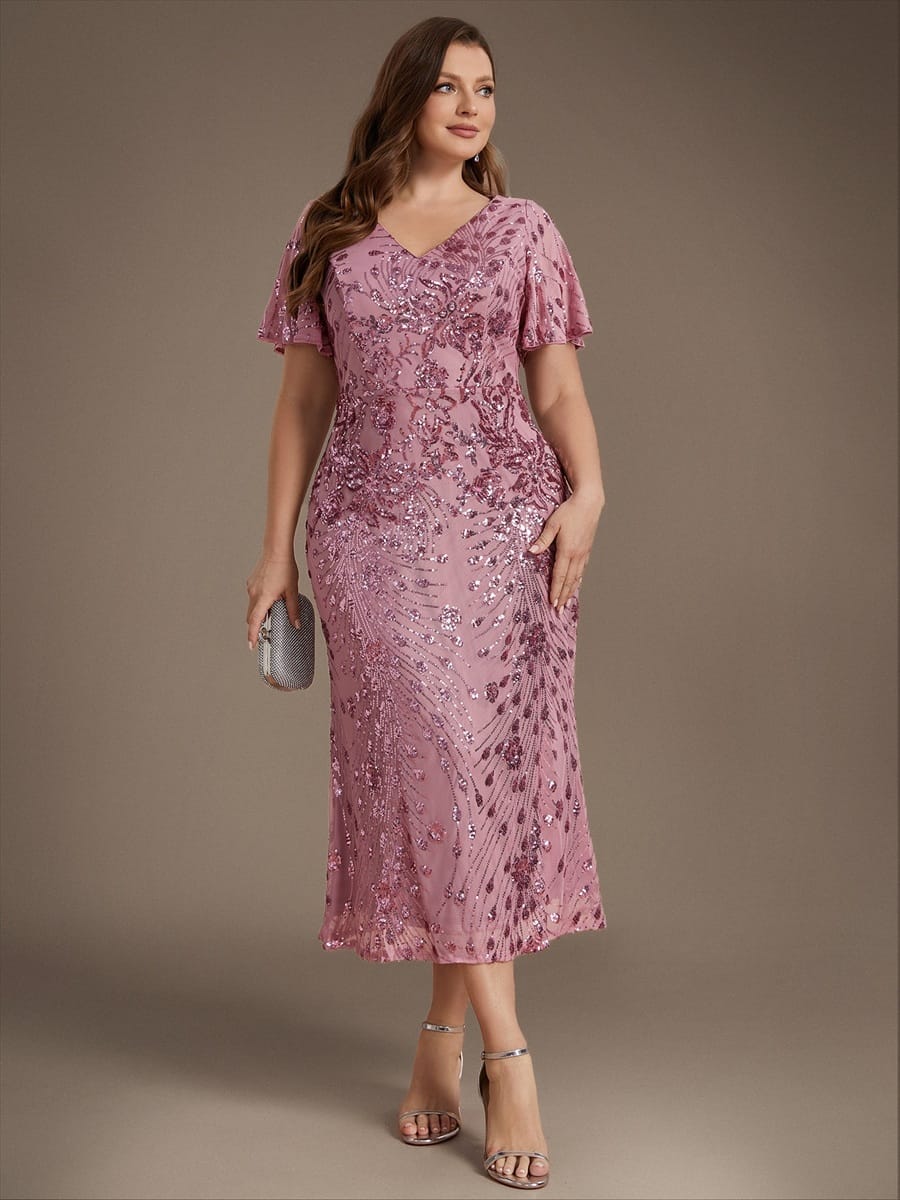 Sequin Ruffle Sleeve Evening Dress #color_Purple Orchid