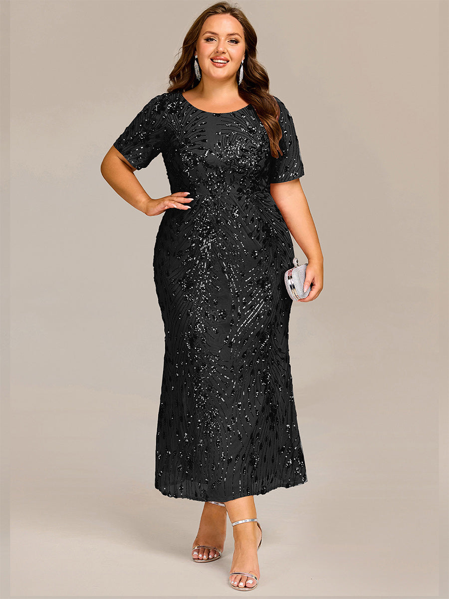 Plus Size Pleated Sequin Evening Dress #color_Black
