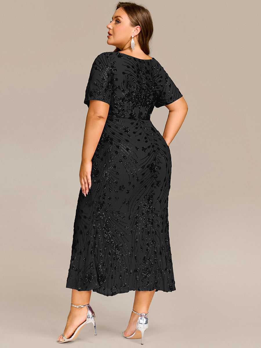 Sequin Mermaid Round Neck Evening Dress #color_Black