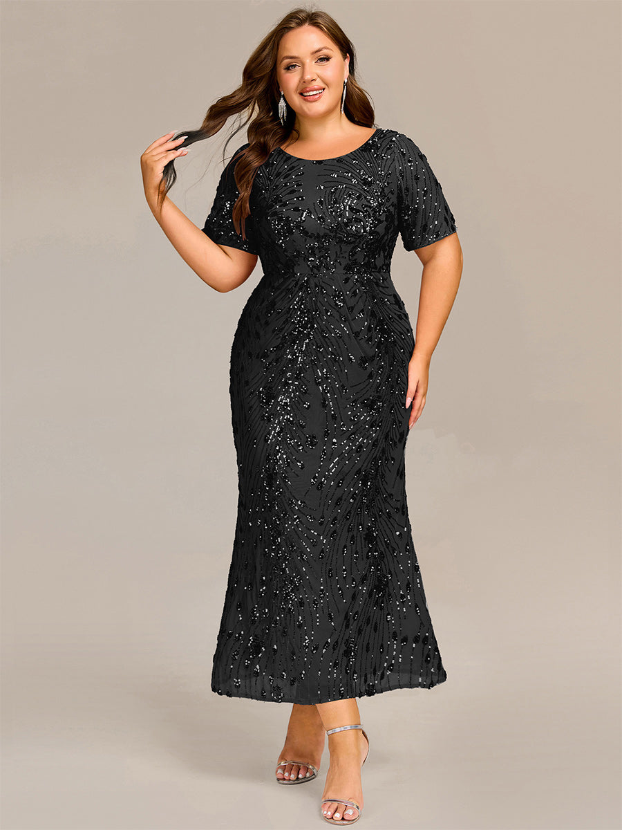 Plus Size Pleated Sequin Evening Dress #color_Black
