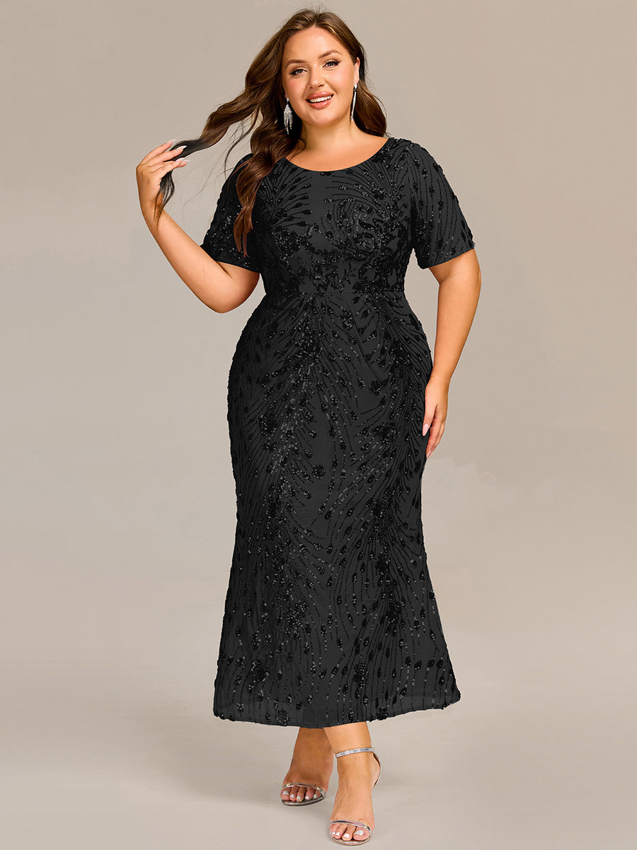 Sequin Mermaid Round Neck Evening Dress #color_Black