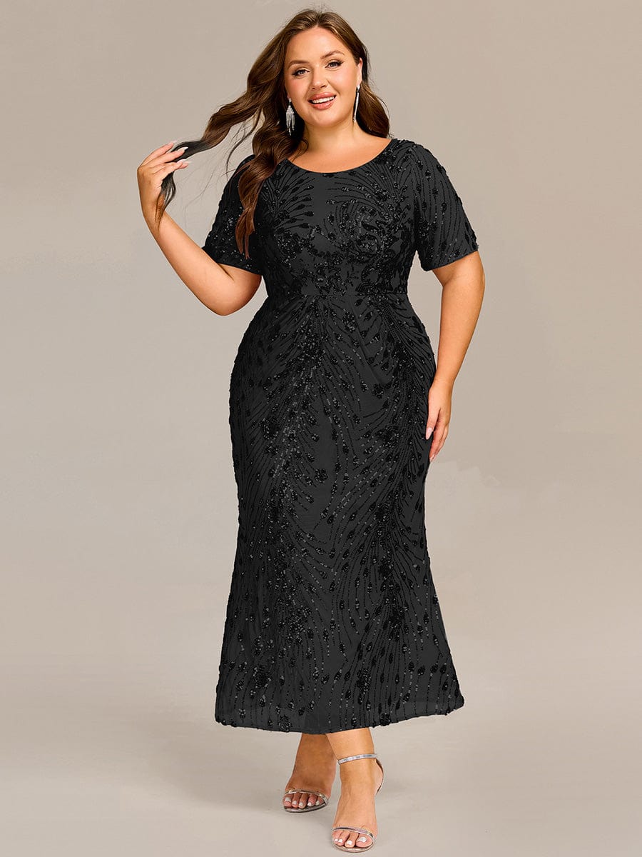 Sequin Mermaid Round Neck Evening Dress #color_Black