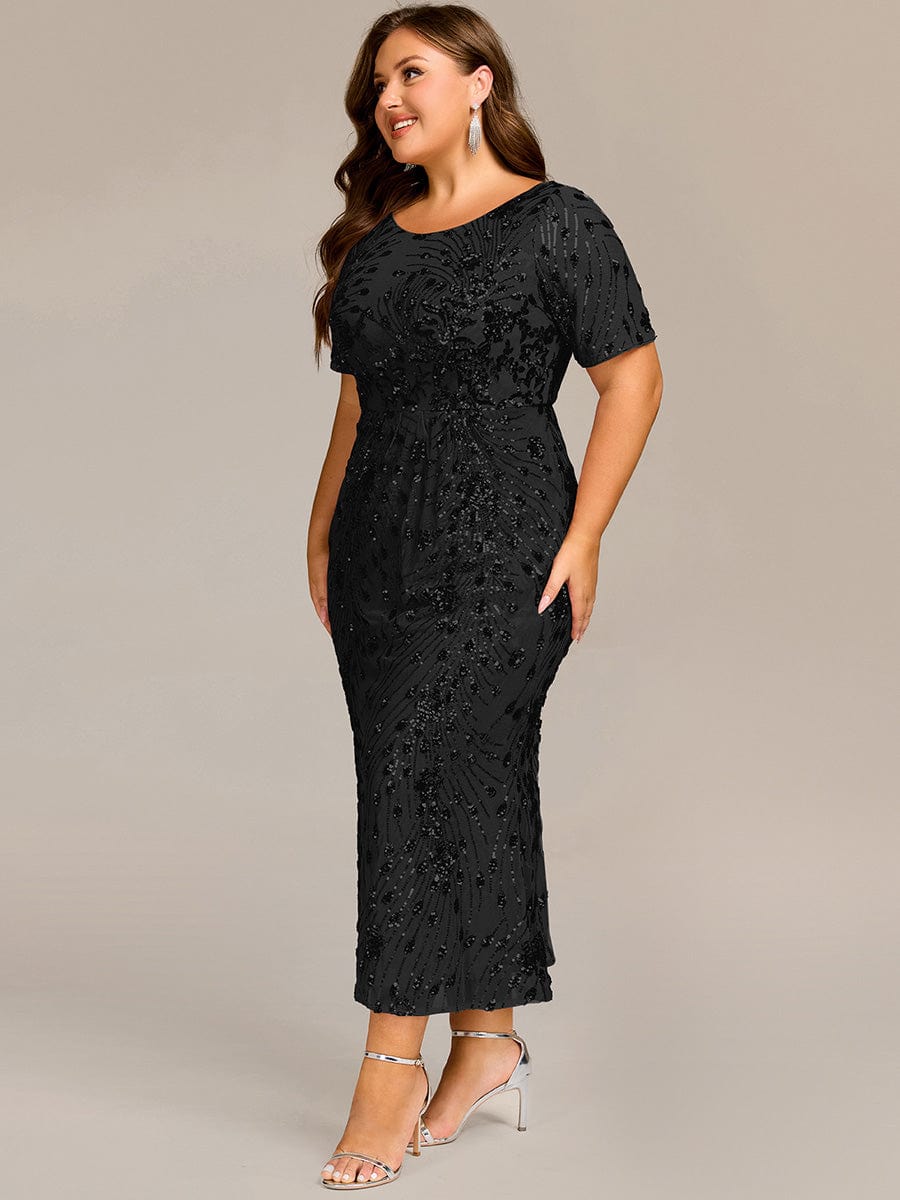 Sequin Mermaid Round Neck Evening Dress #color_Black