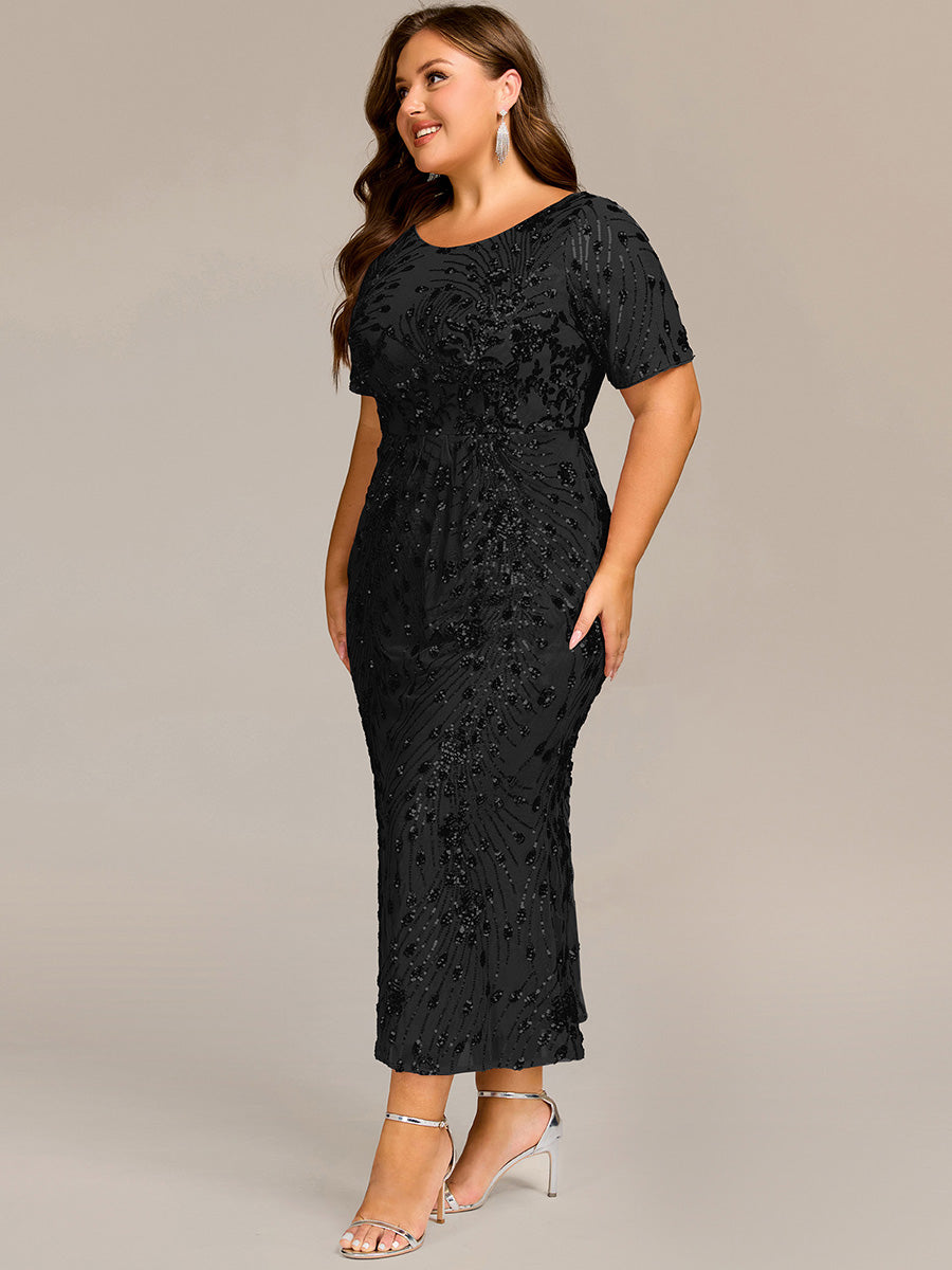 Sequin Mermaid Round Neck Evening Dress #color_Black