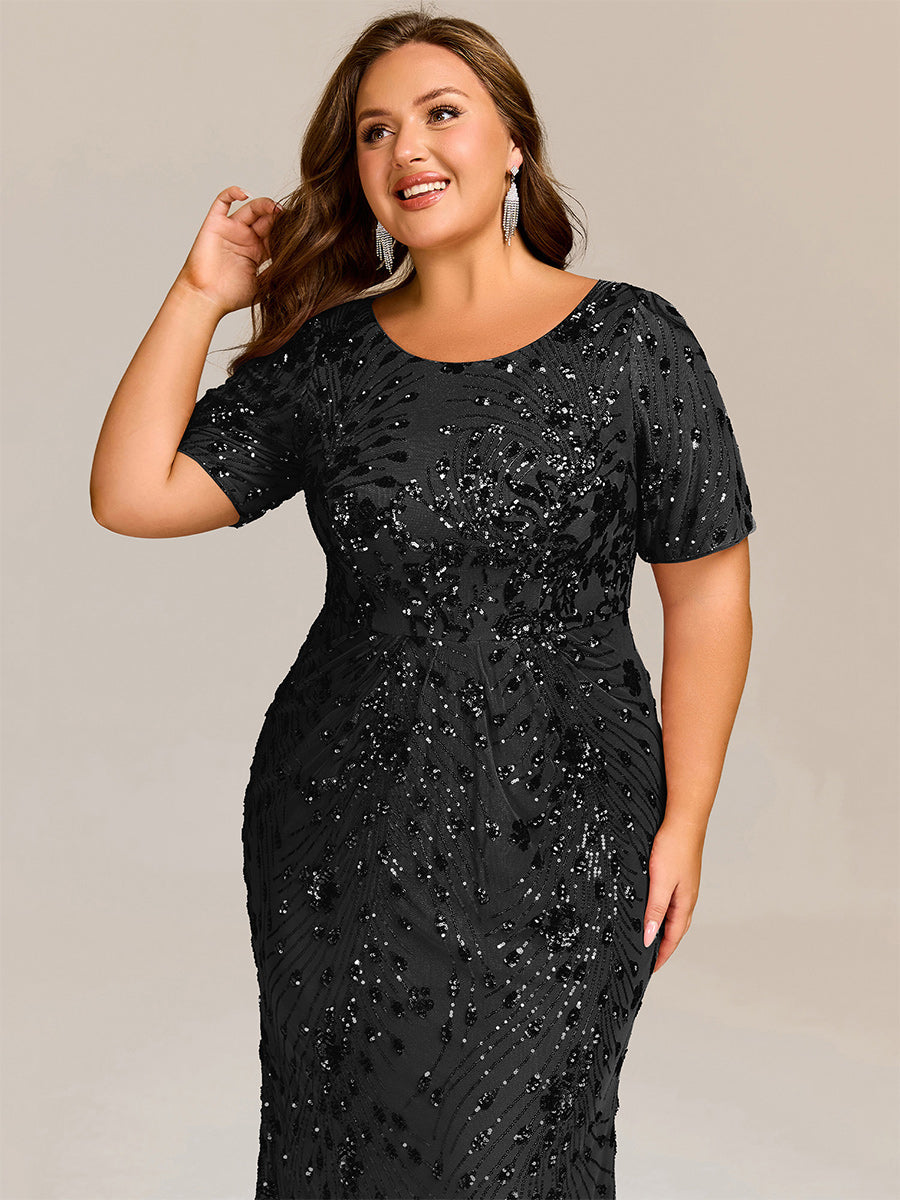 Plus Size Pleated Sequin Evening Dress #color_Black