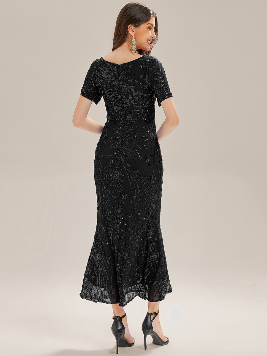Sequin Mermaid Round Neck Evening Dress #color_Black