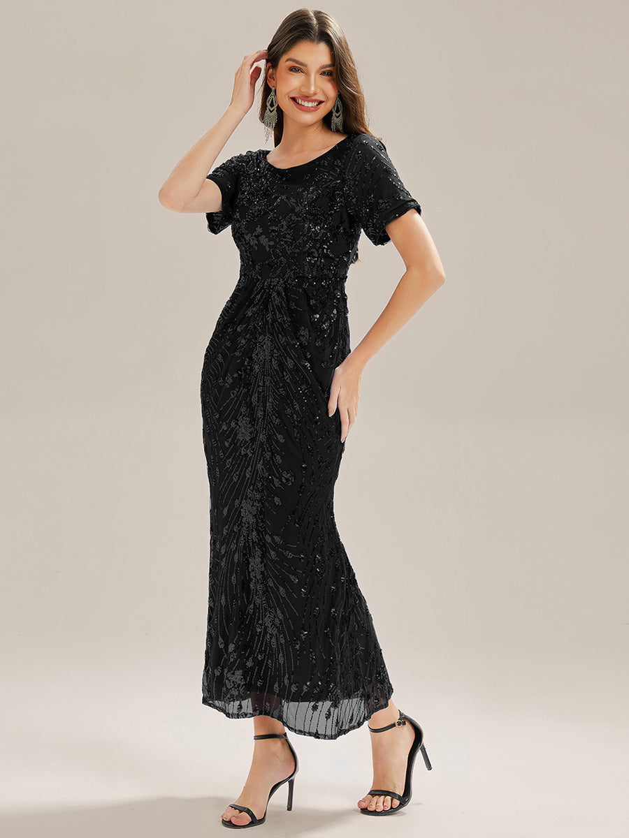 Sequin Mermaid Round Neck Evening Dress #color_Black