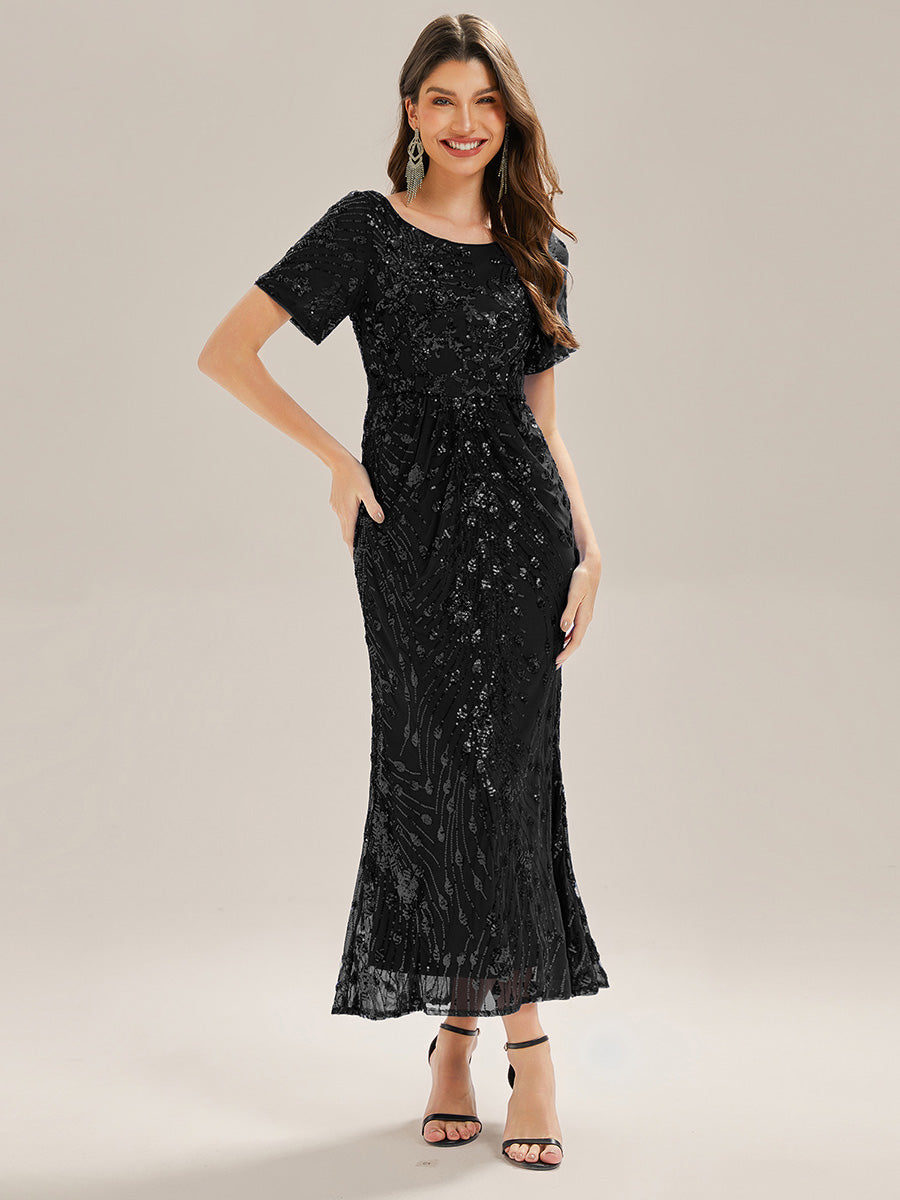 Sequin Mermaid Round Neck Evening Dress #color_Black