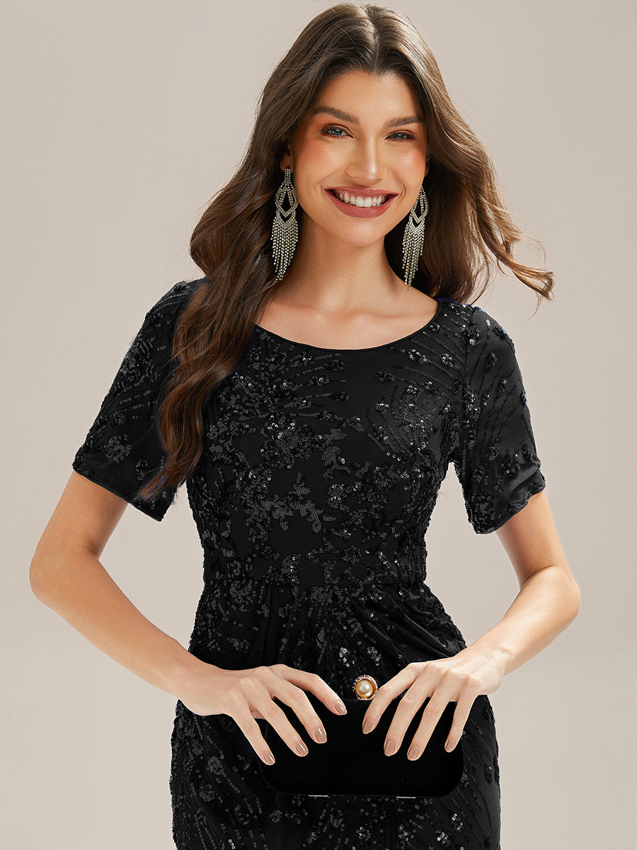 Sequin Mermaid Round Neck Evening Dress #color_Black