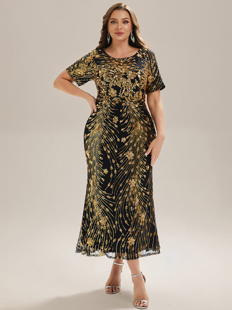 Plus Size Pleated Sequin Evening Dress #color_Black & Gold