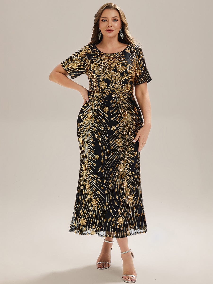 Plus Size Pleated Sequin Evening Dress #color_Black & Gold