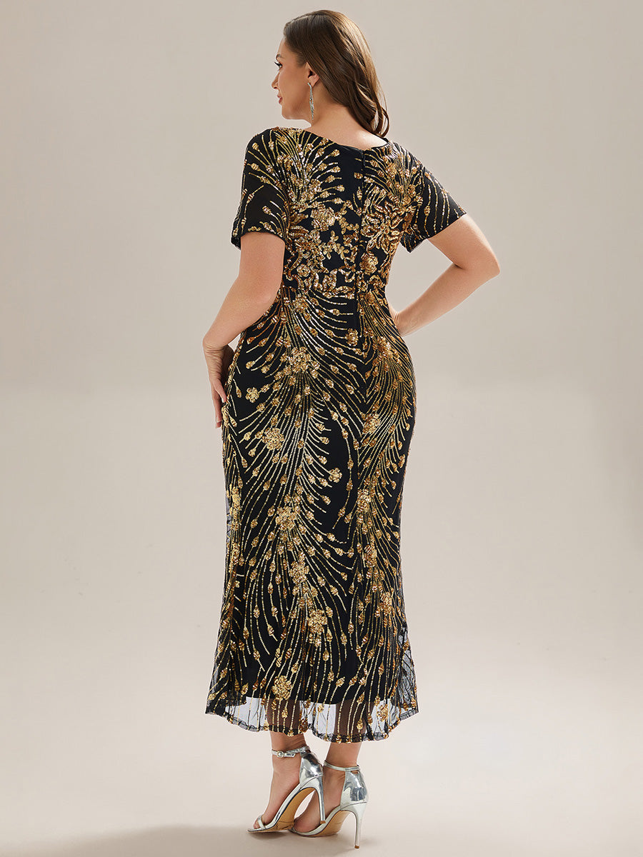 Plus Size Pleated Sequin Evening Dress #color_Black & Gold
