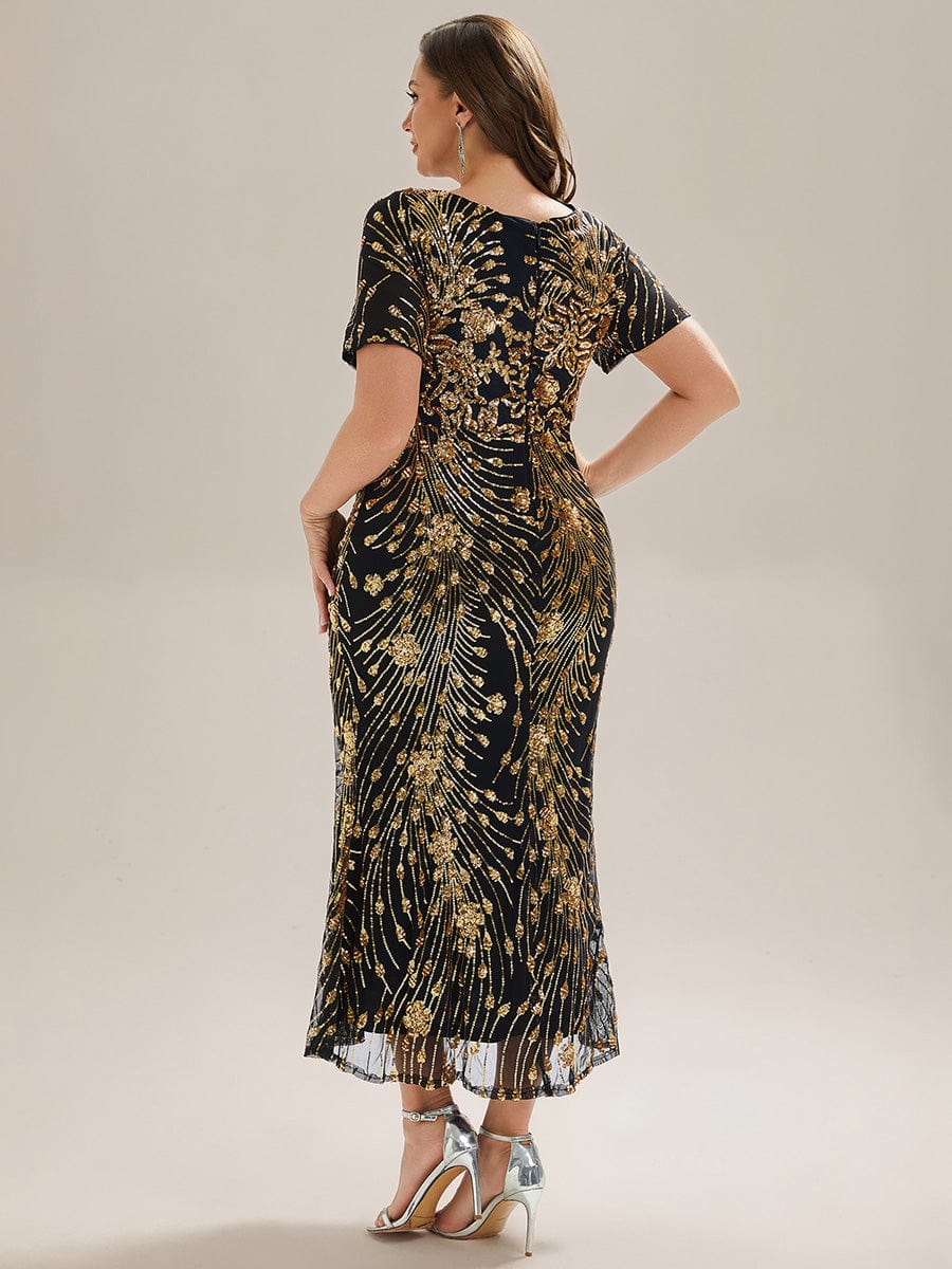 Plus Size Pleated Sequin Evening Dress #color_Black & Gold