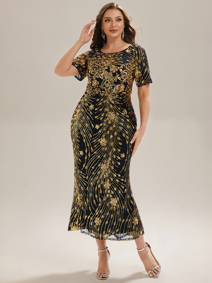Plus Size Pleated Sequin Evening Dress #color_Black & Gold