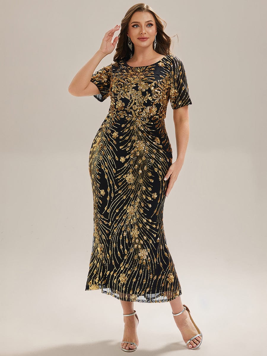 Sequin Mermaid Round Neck Evening Dress #color_Black & Gold