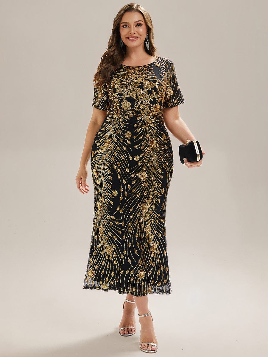 Sequin Mermaid Round Neck Evening Dress #color_Black & Gold