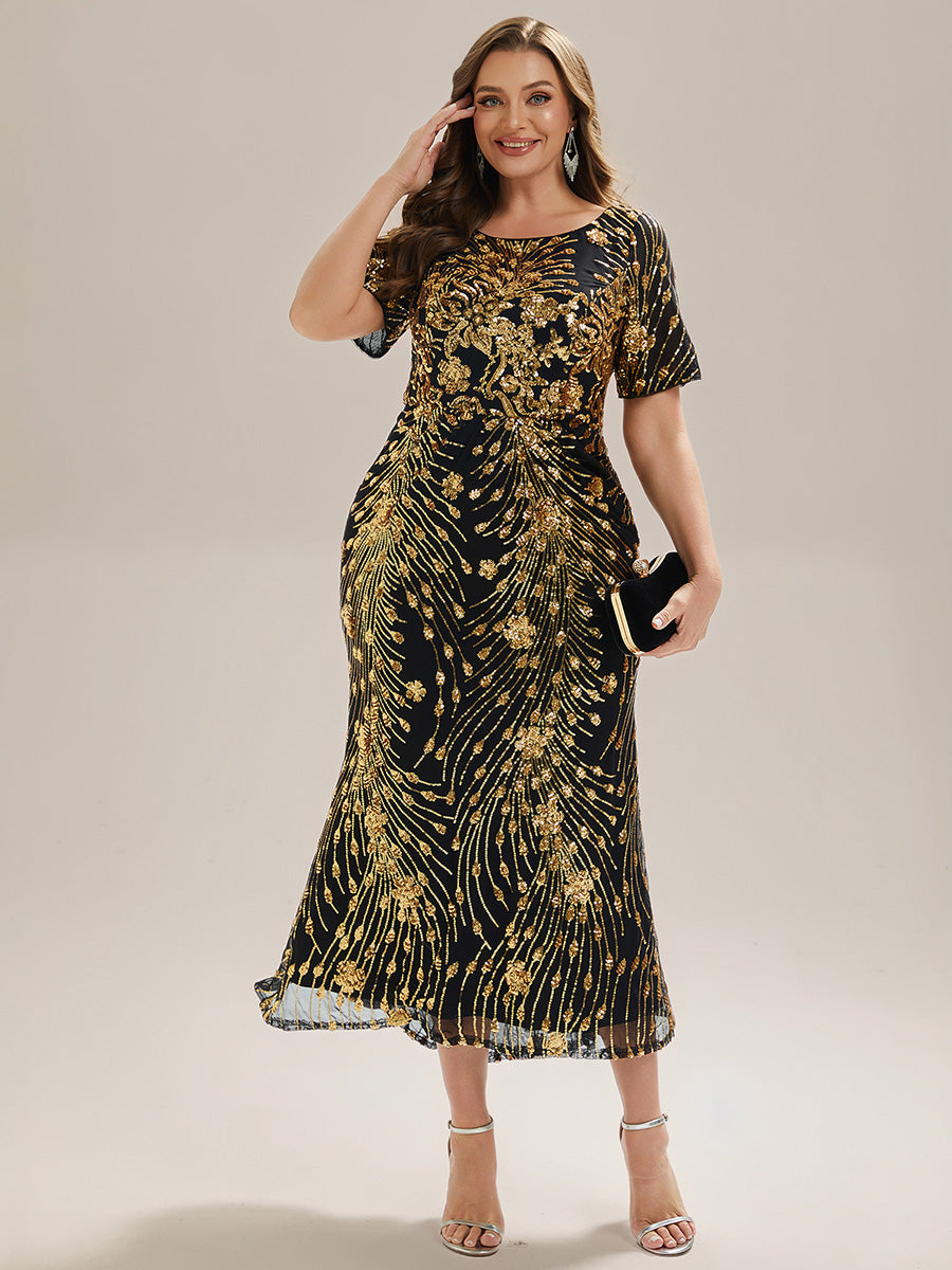 Plus Size Pleated Sequin Evening Dress #color_Black & Gold