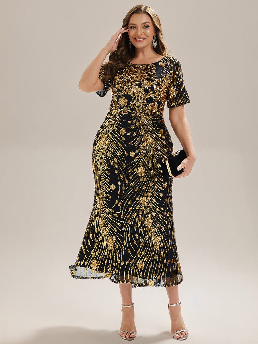 Sequin Mermaid Round Neck Evening Dress #color_Black & Gold
