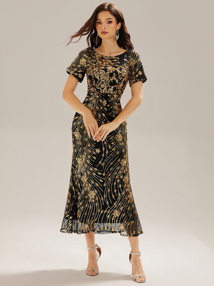 Sequin Mermaid Round Neck Evening Dress #color_Black & Gold