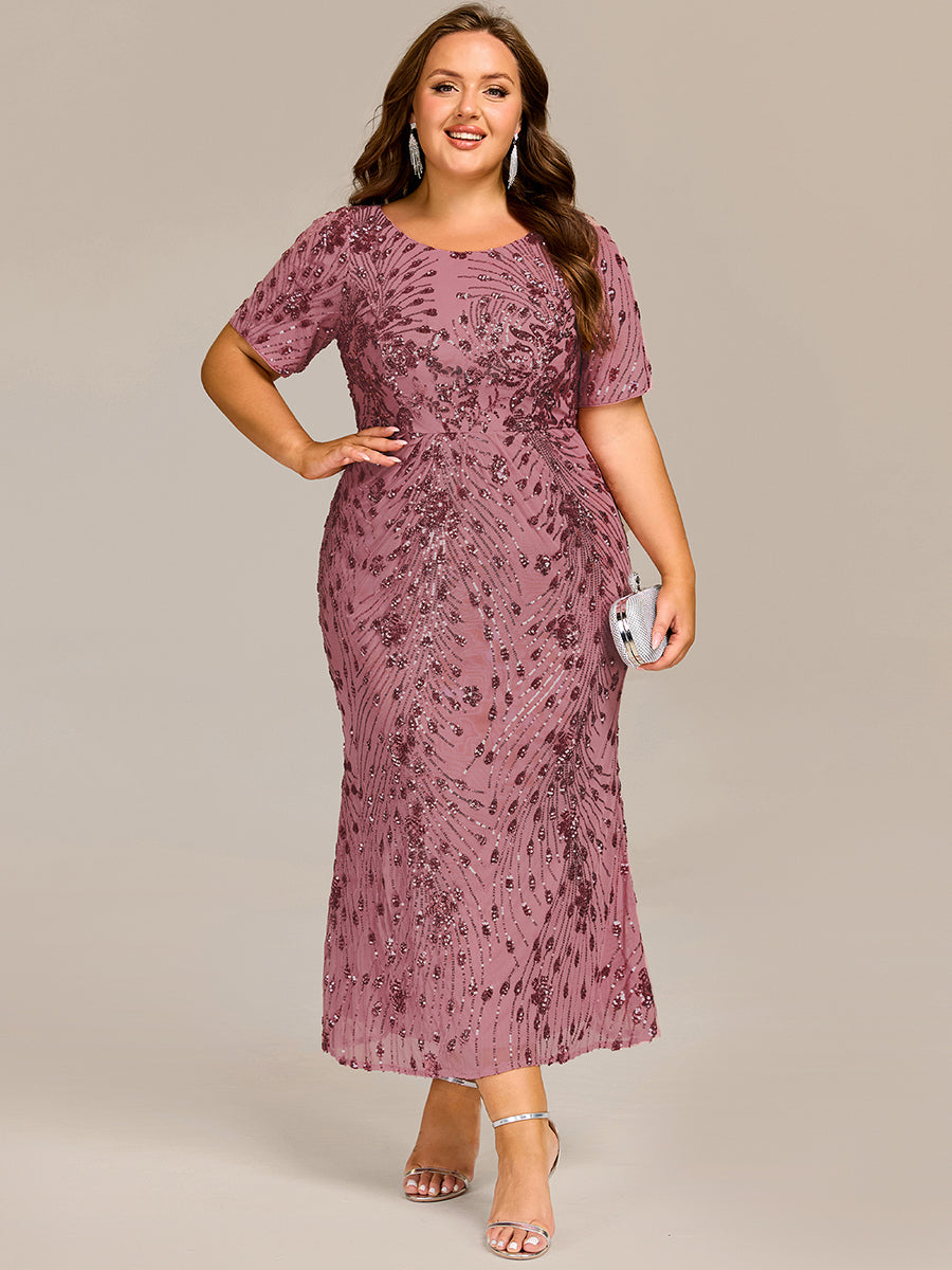 Sequin Mermaid Round Neck Evening Dress #color_Purple Orchid