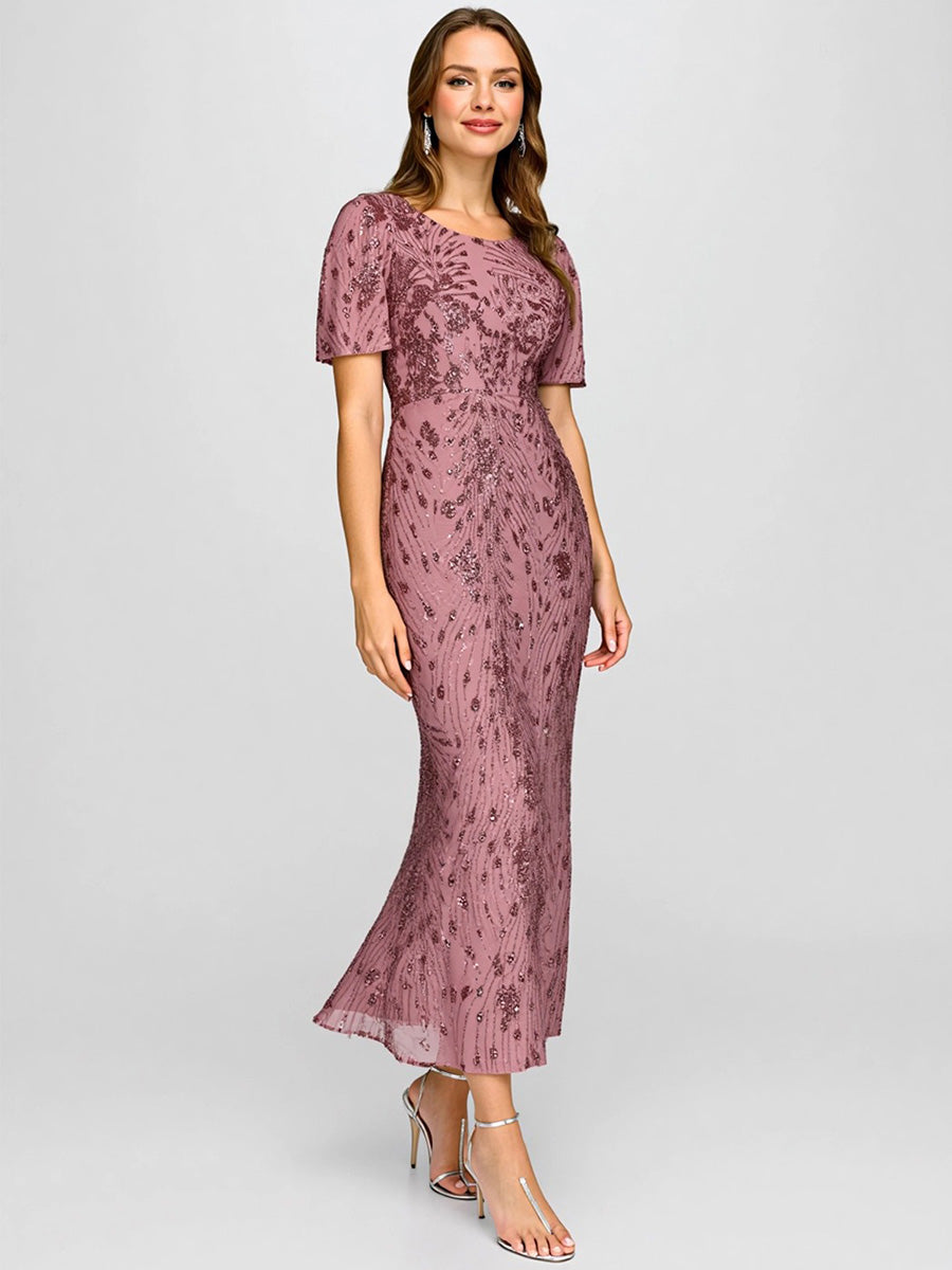 Sequin Mermaid Round Neck Evening Dress #color_Purple Orchid