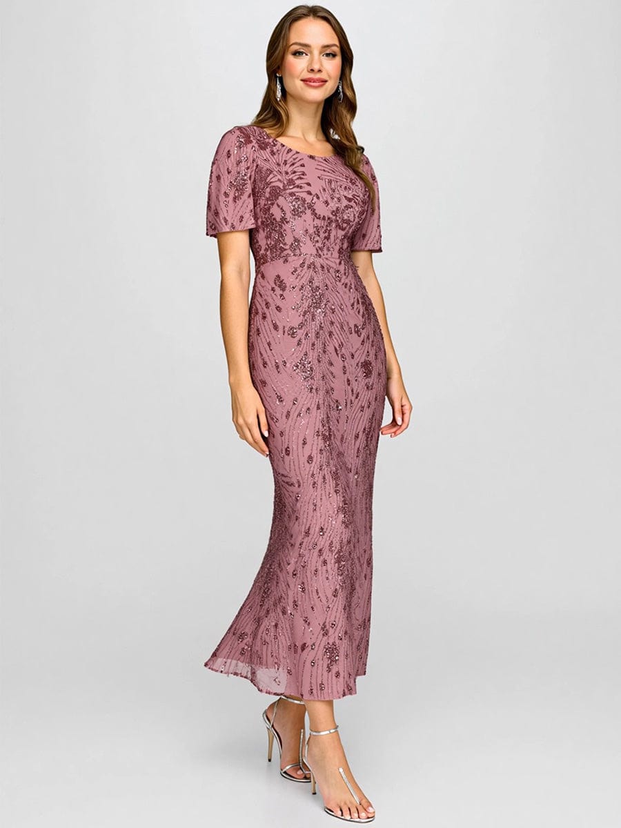 Sequin Mermaid Round Neck Evening Dress #color_Purple Orchid
