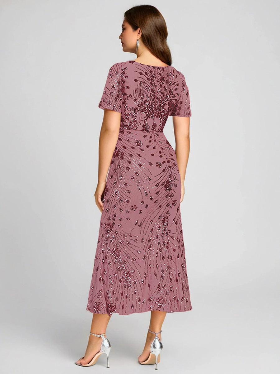 Sequin Mermaid Round Neck Evening Dress #color_Purple Orchid